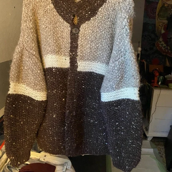 Cozy OOAK Chunky Oversized wool/alpaca Handknit Sweater n Brown and Cream - Picture 3 of 4